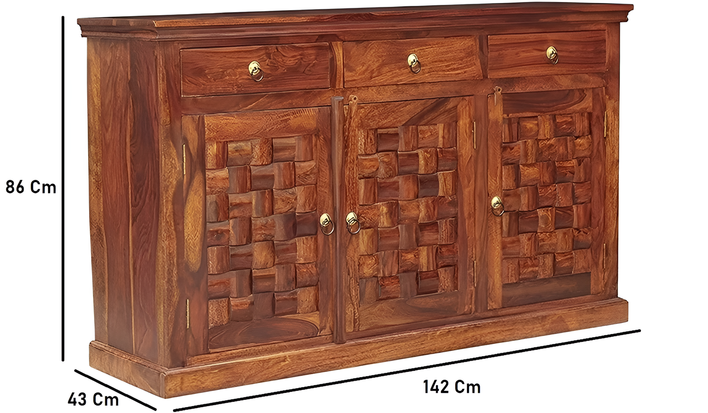Handcrafted Solid Wood Sideboard with 3D Geometric Carved Doors & Top Drawers