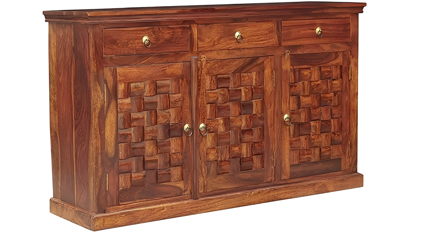 Handcrafted Solid Wood Sideboard with 3D Geometric Carved Doors & Top Drawers