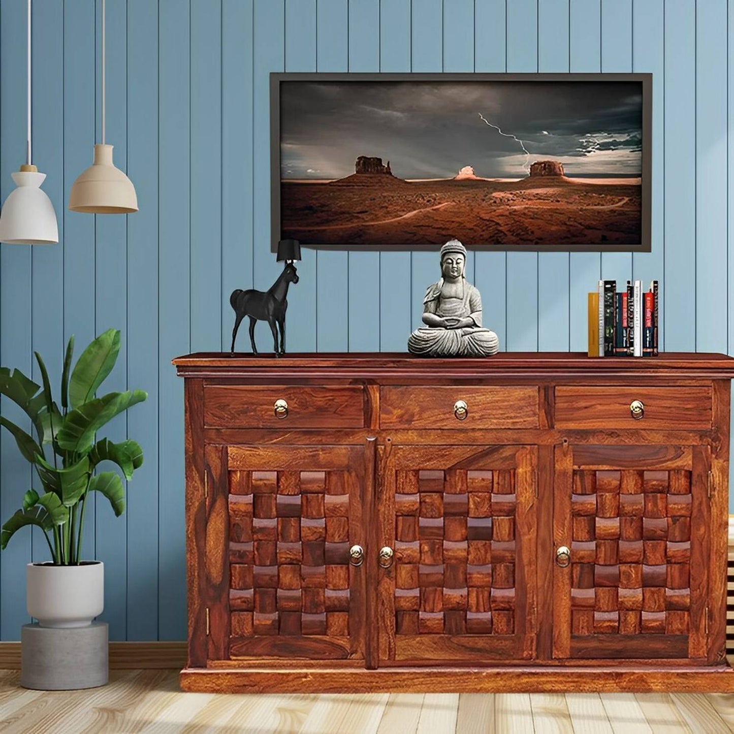 Handcrafted Solid Wood Sideboard with 3D Geometric Carved Doors & Top Drawers