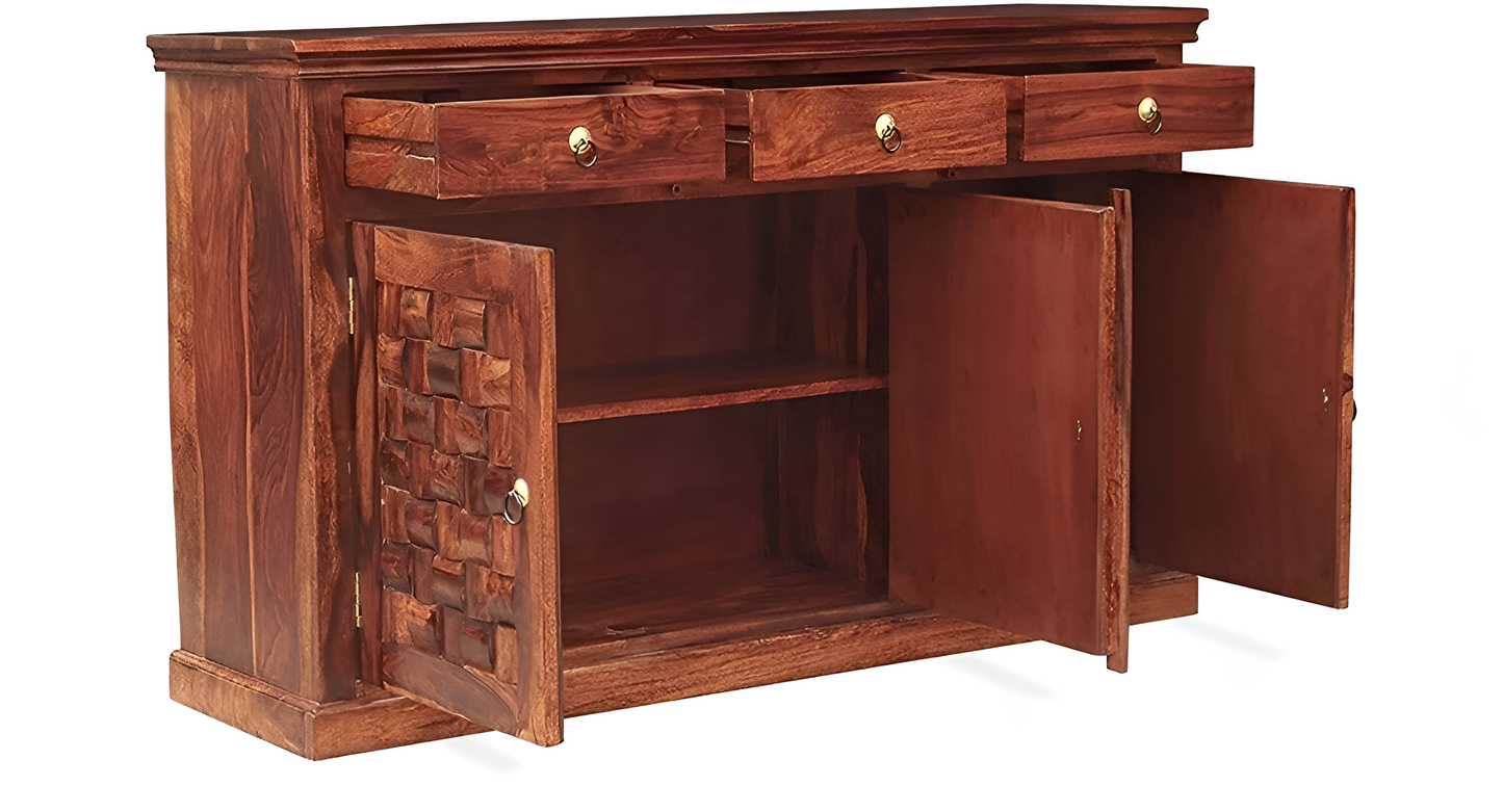 Handcrafted Solid Wood Sideboard with 3D Geometric Carved Doors & Top Drawers