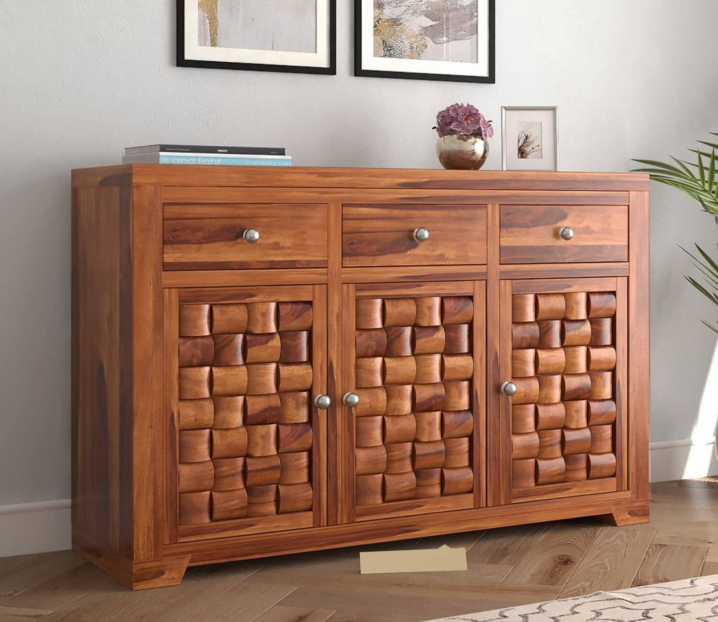 Solid Sheesham Wood Sideboard Cabinet with 3D Carved Doors & Drawers