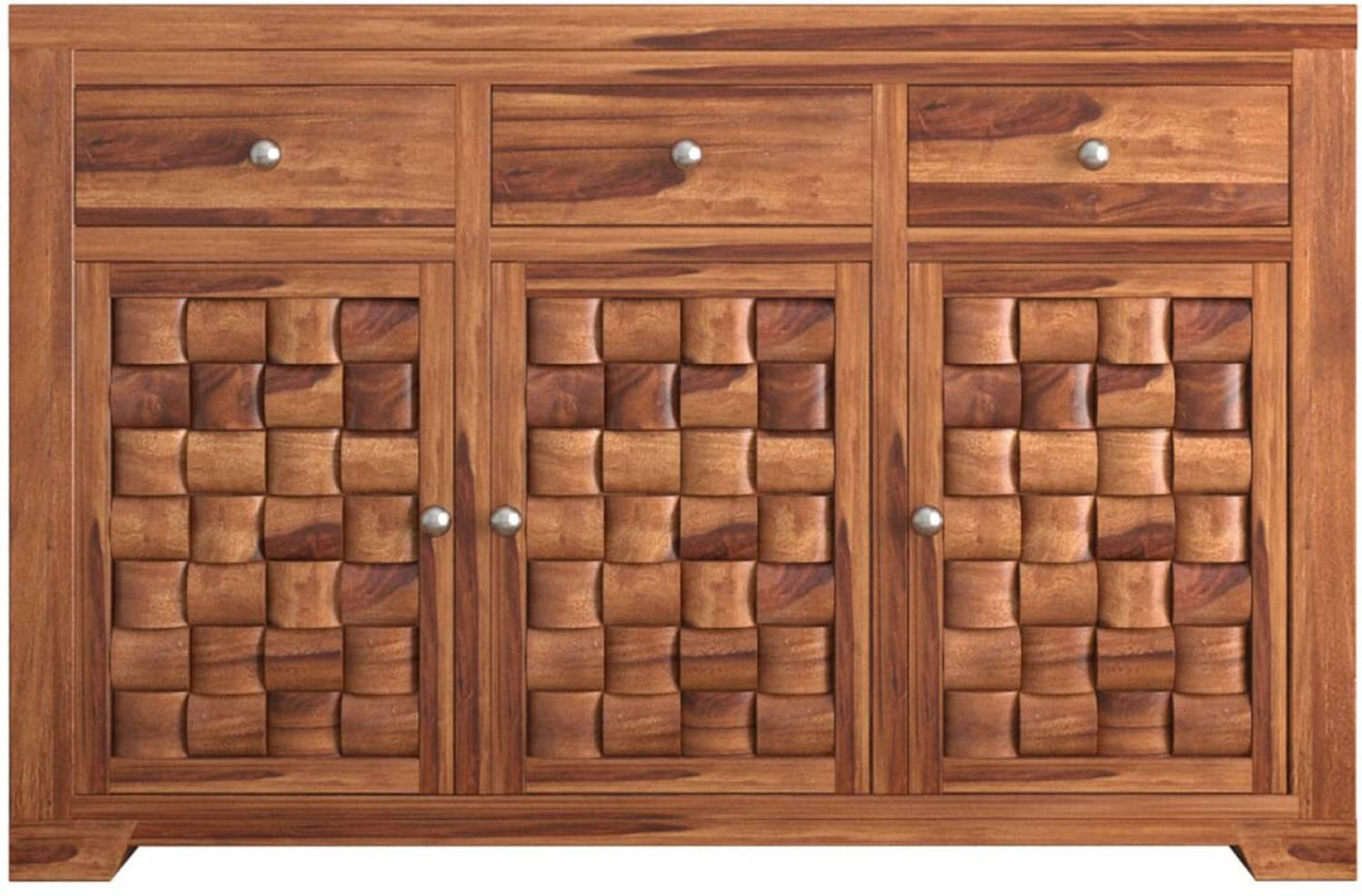 Solid Sheesham Wood Sideboard Cabinet with 3D Carved Doors & Drawers