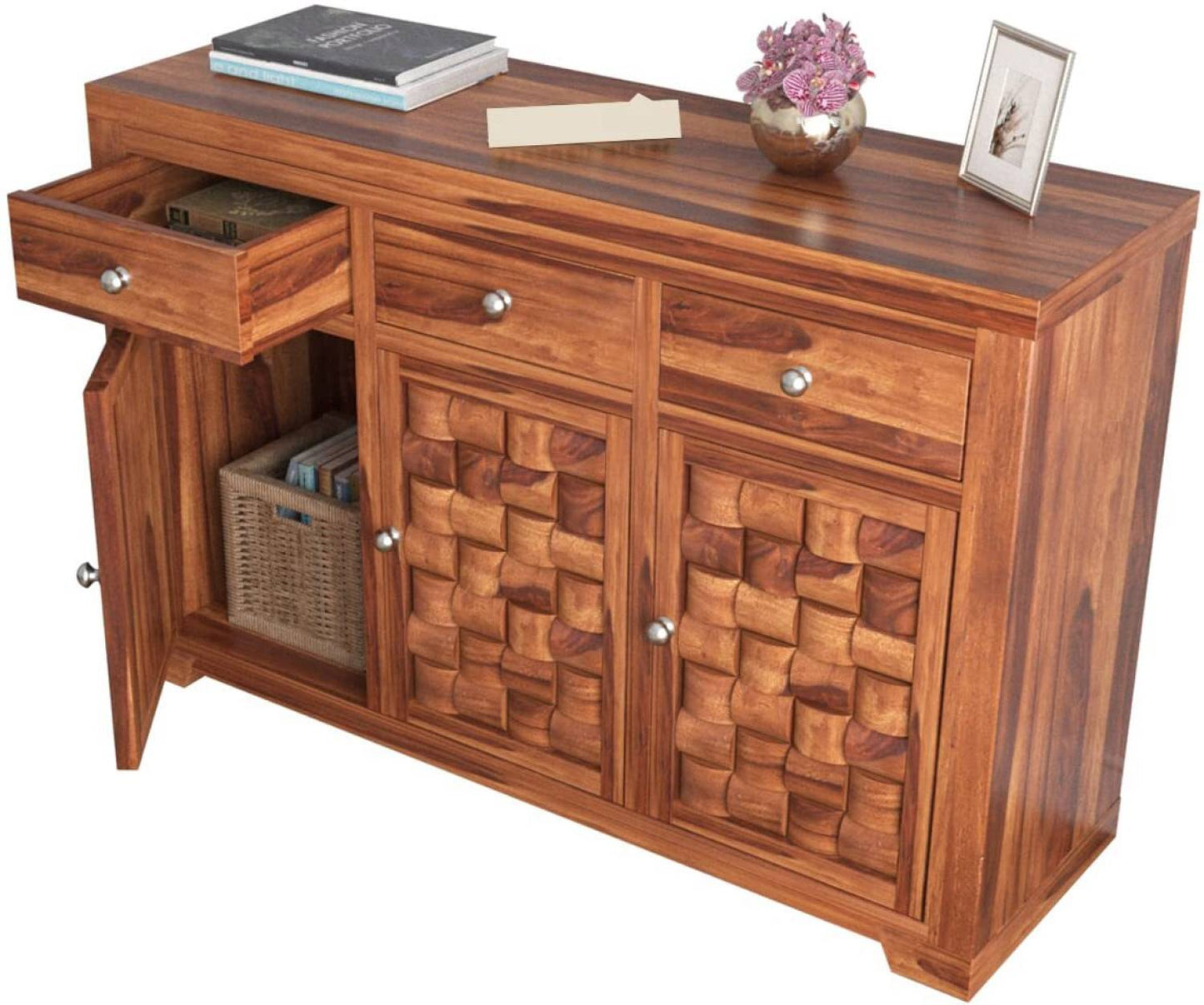 Solid Sheesham Wood Sideboard Cabinet with 3D Carved Doors & Drawers