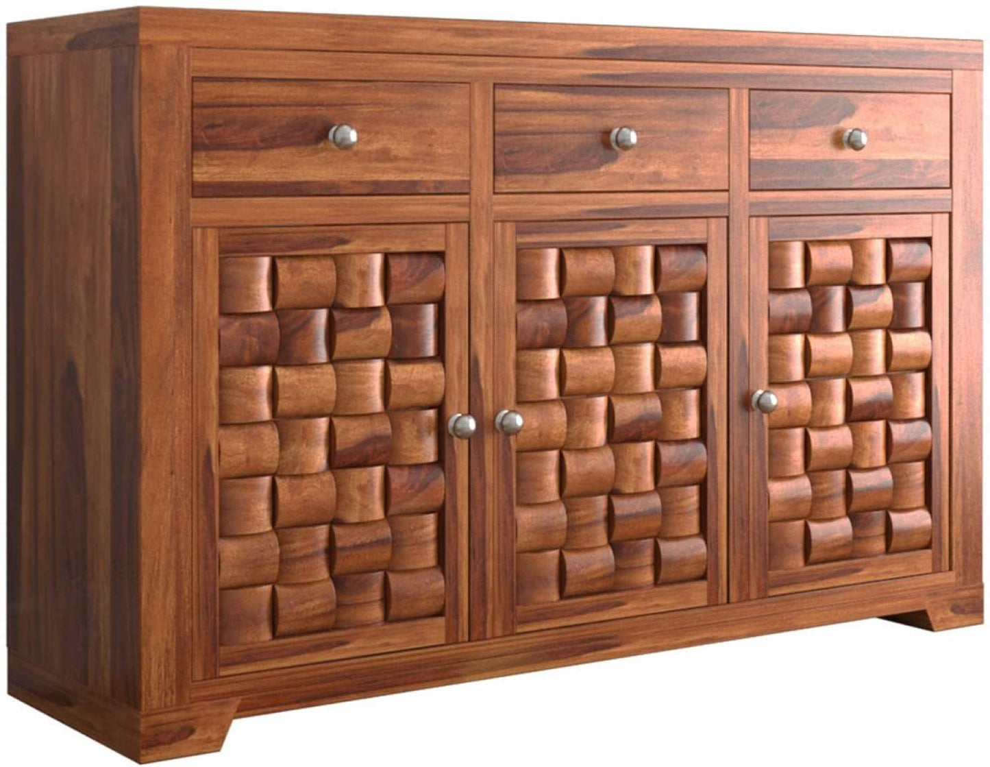 Solid Sheesham Wood Sideboard Cabinet with 3D Carved Doors & Drawers