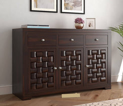 Solid Sheesham Wood Sideboard Cabinet with 3D Carved Doors & Drawers