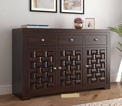 Solid Sheesham Wood Sideboard Cabinet with 3D Carved Doors & Drawers