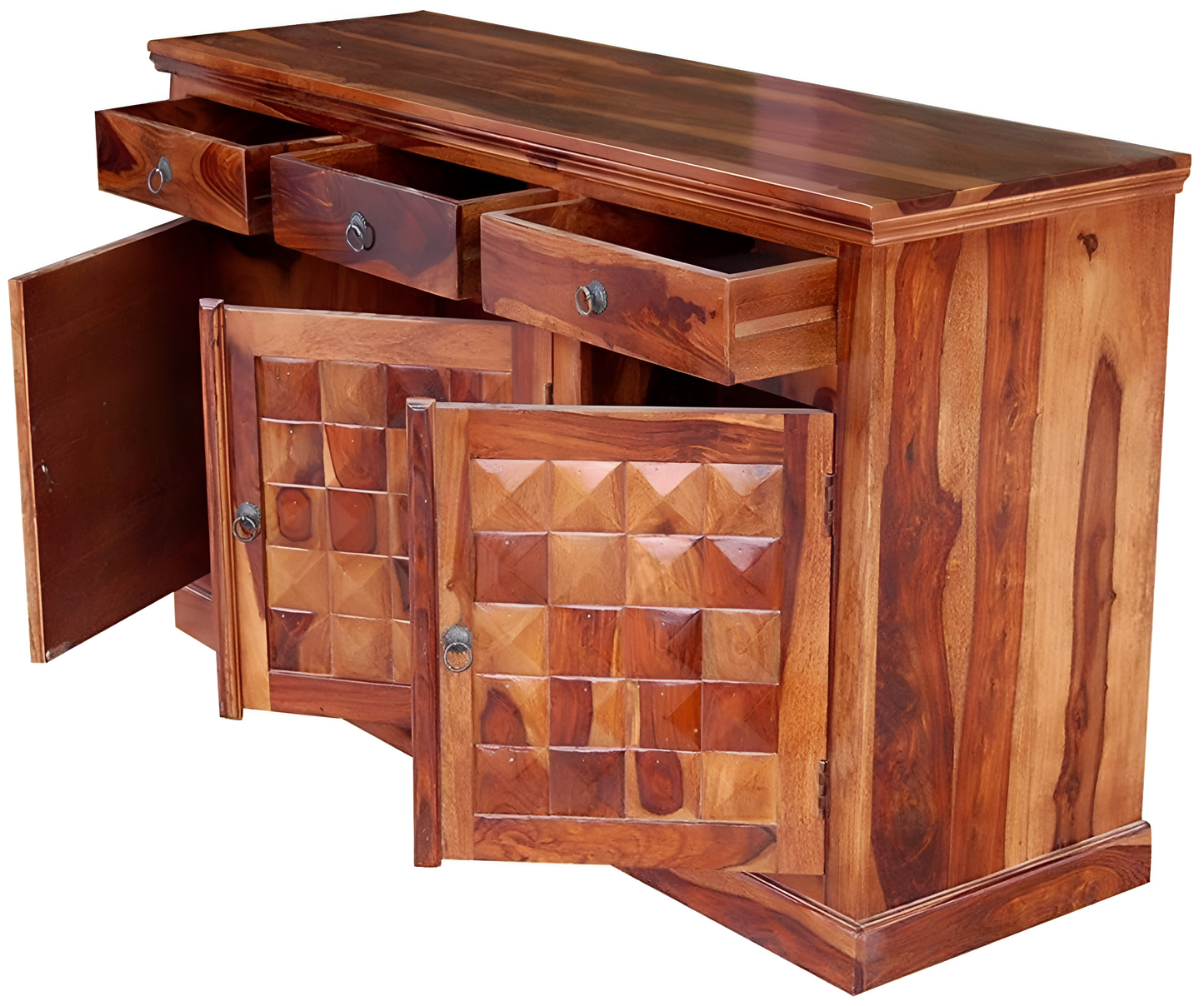 Handcrafted Solid Wood Sideboard with 3D Geometric Carved Doors & Top Drawers