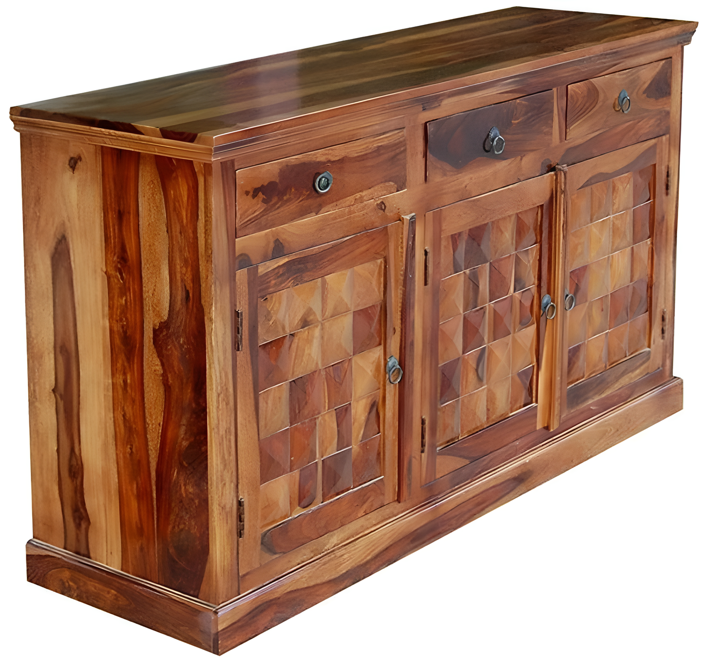 Handcrafted Solid Wood Sideboard with 3D Geometric Carved Doors & Top Drawers
